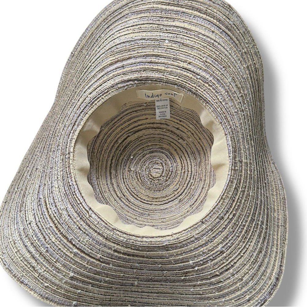 Indigo Soul Tan Metallic Silver Sequin Wide Brim Floppy Straw Sun Summer Hat - Picture 8 of 8